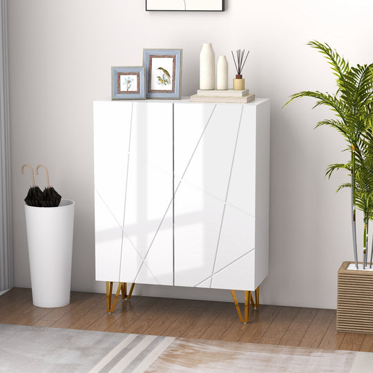 Narrow Shoe Storage Cabinet with Soft-Close Hinges and Adjustable Shelves for 15-20 Pairs of Shoes, High Gloss White