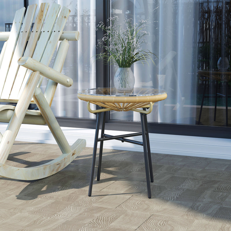 Rattan Side Table, Round Outdoor Table, with Round PE Rattan and Tempered Glass Table Top for Patio, Garden, Beige