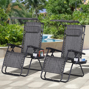 2 Piece Foldable Lounge Chair with Canopy Shade, Outdoor Zero Gravity Chair w/ Side Tray & Cup Holder, Reclining Lounger w/ Breathable Mesh Fabric Seat, Pillow, Dark Grey