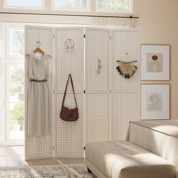 5.6 Ft. Tall 4-Panel Room Divider, Pegboard Panel Folding Privacy Screen, Partition Wall Divider for Bedroom, White