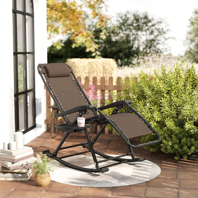 2 in 1 Adjustable Zero Gravity Reclining Lounge Chair Garden Recliner and Rocker Foldable Sun Lounger Napping Seat w/ Headrest & Tray Brown