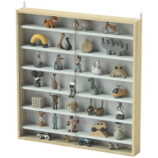 7-Tier Display Cabinet, Shot Glass Display Case, Glass Curio Cabinet with 2 Glass Doors, Oak and White