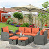 6 Pieces Patio Furniture with Cushions, PE Wicker Sectional Furniture Conversation Set with a 3-Seat Sofa, 2 Recliner Chairs, 2 Footstools, Table, Orange