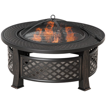 Outdoor Fire Pit, Firepit with Grill Net, Mesh Lid, Poker, for Camping, Bonfire, Picnic, Bronze
