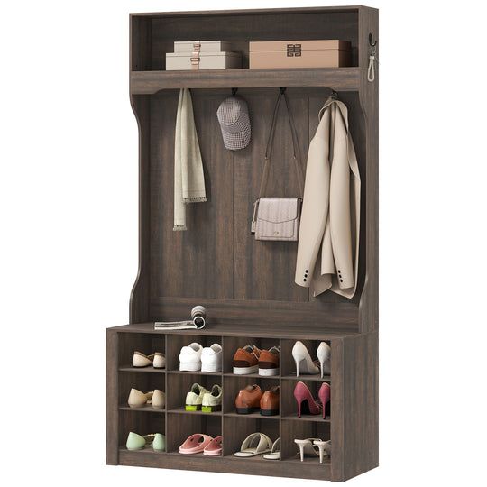 4-In-1 Hall Tree with Bench and Shoe Storage, Farmhouse Coat Rack Shoe Bench with 12 Shoe Cubbies, 6 Hooks, Dark Brown