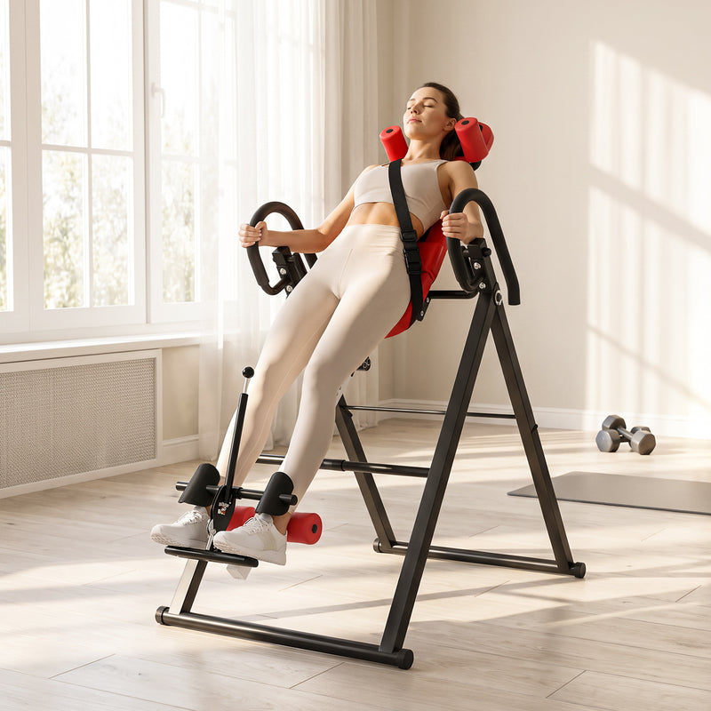 Soozier Heavy Duty Inversion Table with Protective Belt, Adjustable Folding Back Stretcher Machine with Headrest, Red