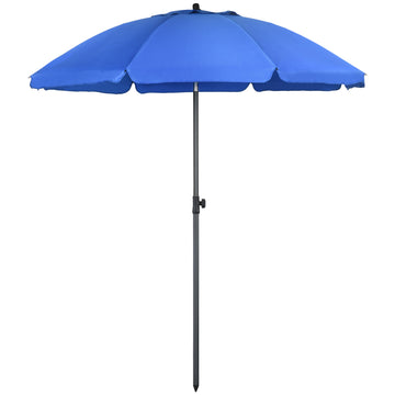 6ft Beach Umbrella, Outdoor Sun Shade Parasol with Push Button Tilt, Ruffled  UV50+ Vented Canopy, Blue