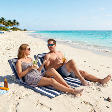2 Pieces Beach Lounge Chair, Outdoor Folding Chaise Lounge Set w/ Pillow for Sunbath, Snap, Blue and White