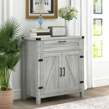 Farmhouse Kitchen Storage Cabinet, Sideboard Buffet Cabinet with 2 Rustic Barn Doors and Drawer, Grey