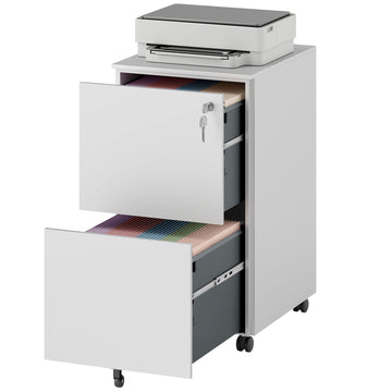 Vertical Steel Filing Cabinet on Wheels, 2-Drawer Lockable File Cabinet with Adjustable Hanging Bar for A4, Legal and Letter Size, White
