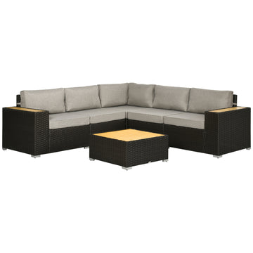 6 Pieces Outdoor Rattan Patio Furniture Set with Corner Sofa, Wood-Plastic Coffee Table, Light Grey