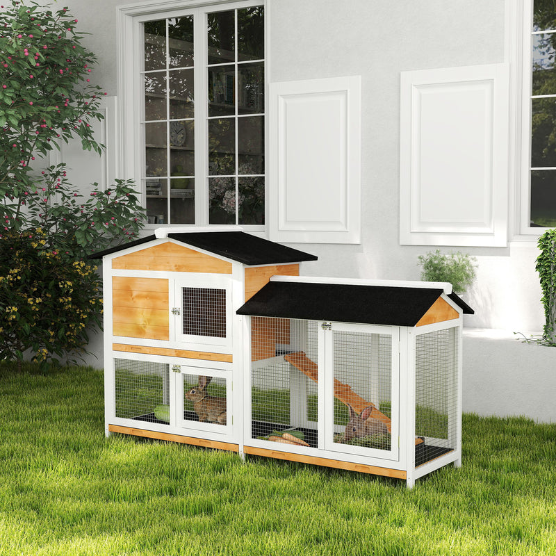 2-tier Wood Rabbit Hutch Backyard Bunny Cage Small Animal House w/ Ramp and Outdoor Run
