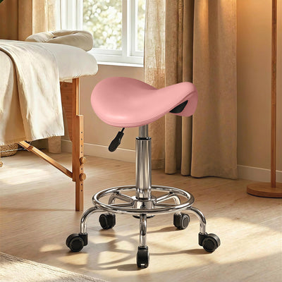 Saddle Stool, PU Leather Adjustable Rolling Salon Chair, Pink