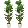4FT Artificial Fiddle Leaf Fig Tree Set of 2, Fake Potted Tree with Solid Wood Trunks for Indoor Decor, Green
