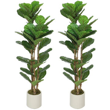 4FT Artificial Fiddle Leaf Fig Tree Set of 2, Fake Potted Tree with Solid Wood Trunks for Indoor Decor, Green
