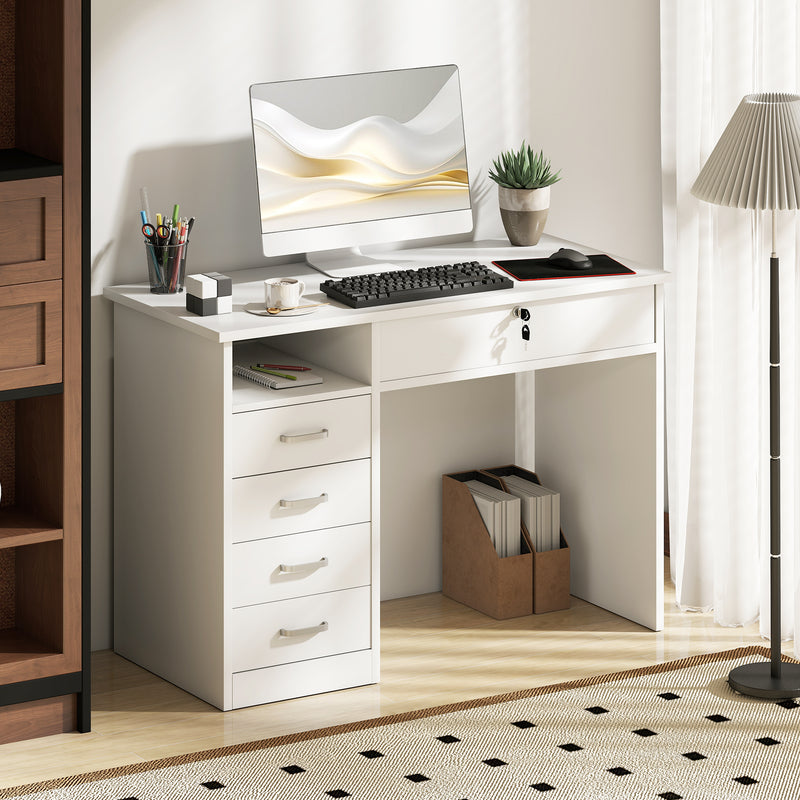 Home Office Desk with Storage, Computer Desk with Lockable Drawer and Open Compartment, White