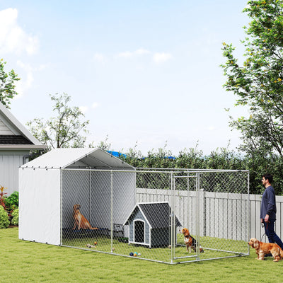 Galvanized Steel Dog Kennel Outdoor with Waterproof & UV-Resistant Cover for Large Dogs, 19.7' x 7.5' x 7.5'