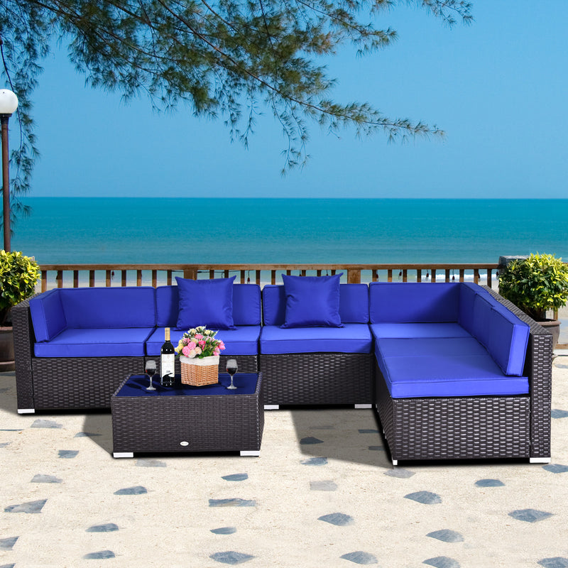 7 Pieces Outdoor Rattan Furniture Set, Patio Wicker Sectional Conversation Sofa Set, Blue