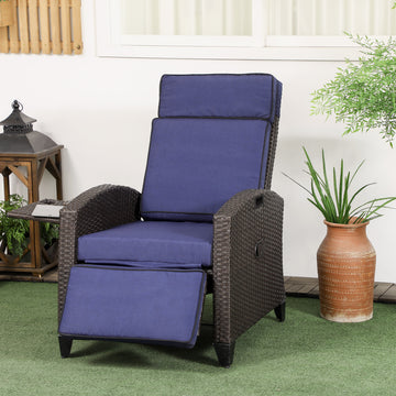 Wicker Recliner Chair with Adjustable Backrest and Footrest, Washable Cushion, Side Tray, Blue