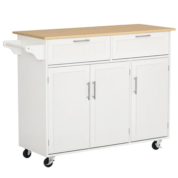 Modern Kitchen Island, Utility Kitchen Serving Cart with 2 Storage Drawers & Cabinets for Dining Room, White