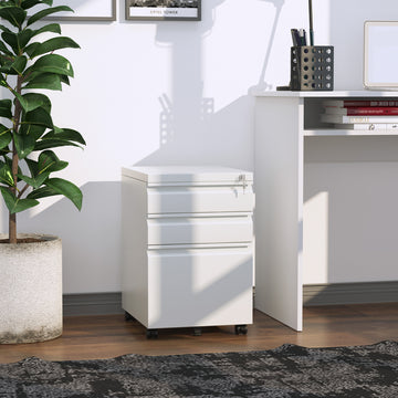 3 Drawer Filing Cabinet, Lockable Office Storage Cabinet on Wheels for Legal, Letter, A4 Files, White