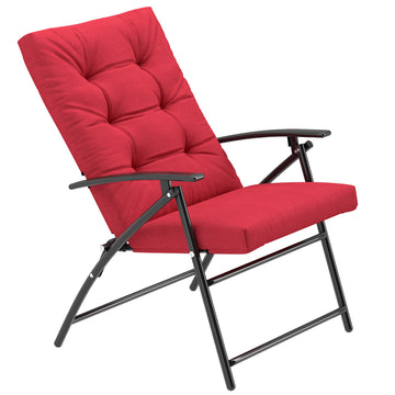 Foldable Lounge Chair, Fabric Upholstered Recliner, Outdoor Lounger with Armrest, Metal Frame for Backyard, Red