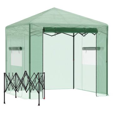 Portable Pop Up Greenhouse, Outdoor Walk-in Hot House with Roll-up Door & 2 Windows, 8' x 6' , Green