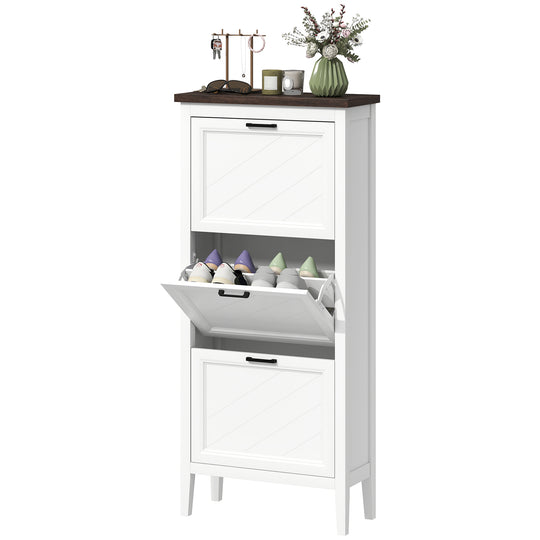 Shoe Cabinet with 3 Flip Drawers, Farmhouse Narrow Shoe Storage Cabinet with Adjustable Shelves, White