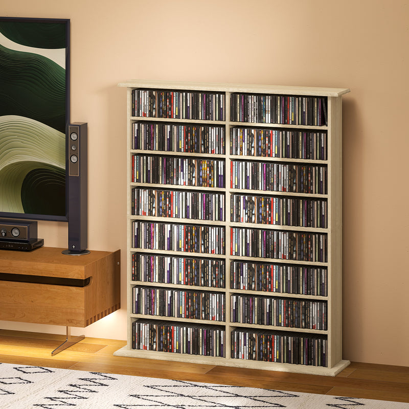 8-Tier DVD Shelf with 12 Adjustable Shelves, Double CD Shelf, Holds 720 CDs, 396 DVDs or 396 Blu-rays, Natural Wood