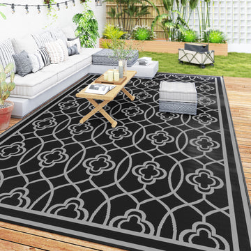 9' x 18' Outdoor RV Rug, Reversible Patio Floor Mat with Carry Bag, Lantern, Black and Grey