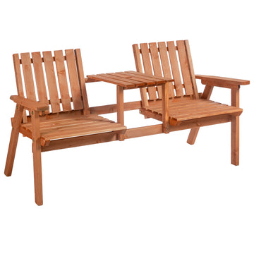 Garden Bench for 2 Persons with Middle Table and Umbrella Hole, 2-Seater Outdoor Wooden Bench with Slat Design, Orange