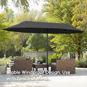 15ft Double-sided Outdoor Sun Umbrella with Twin Canopy, Outdoor Parasol with Crank for Pool, Deck, Black