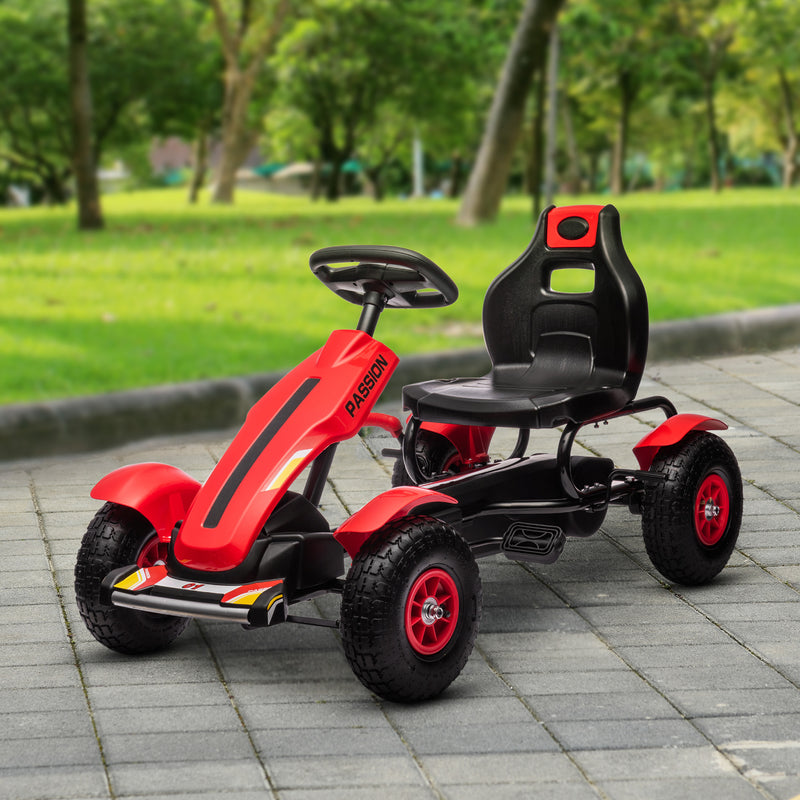 Pedal Go Kart for Kids, Pedal Car with Adjustable Bucket, Handbrake, 4 Rubber Wheels Powered Ride, White