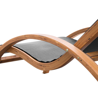 Outdoor Wood Chaise Lounge Chair Recliner Patio Camping with Headrest, Teak & Black