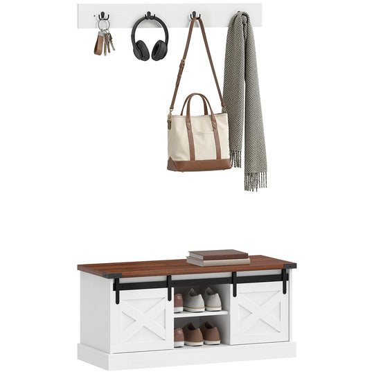Coat Rack Shoe Bench Set 2-Piece Hall Tree Storage 4 Hooks Sliding Barn Doors White and Dk Walnut