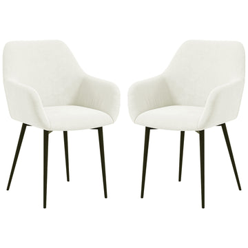 Dining Chairs Set of 2, Velvet-look Fabric Upholstered Kitchen Chairs with Backrest, Armrests and Steel Legs, Cream White