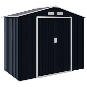 7' x 4' x 6' Garden Storage Shed Outdoor Patio Metal Tool Storage House w/ Foundation Kit and Double Doors, Dark Grey