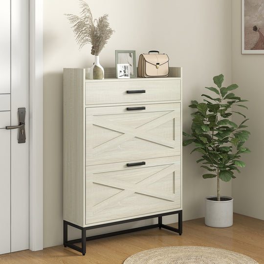 Slim Shoe Storage with 2 Flip Drawers and Adjustable Shelves Shoe Cabinet Organizer for 12 Pair, Distressed White