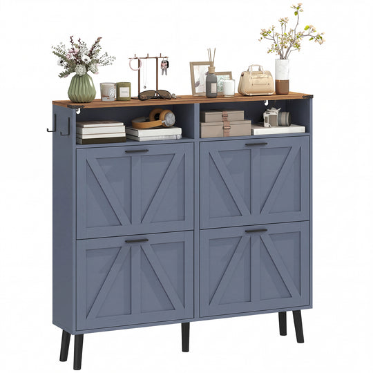 Shoe Storage Cabinet with 4 Flip Drawers, Farmhouse Narrow Shoe Cabinet, Holds Up to 24 Pairs, Blue