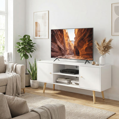 TV Stand Cabinet for TVs up to 55 Inches, Entertainment Unit with Storage Shelves and Wood Legs for Living Room, White