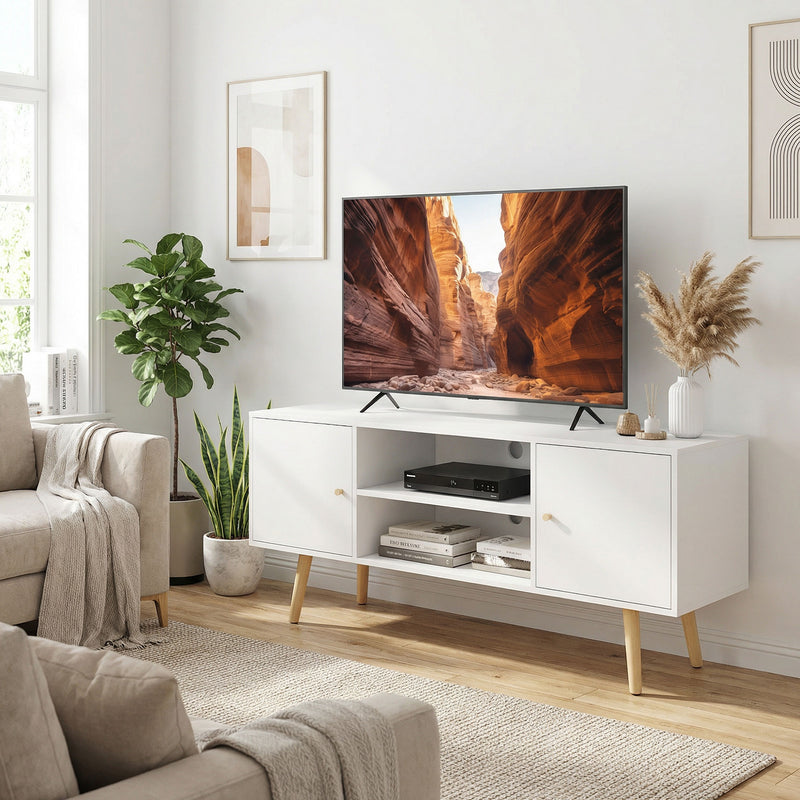 TV Stand Cabinet for TVs up to 55 Inches, Entertainment Unit with Storage Shelves and Wood Legs for Living Room, White
