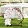 7FT Heptagon Wooden Wedding Arch with Triangular Base, Ground Stakes for Ceremony, Garden, Birthday, Brown