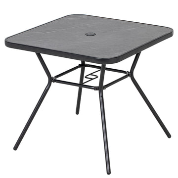 Square Outdoor Table, Patio Bistro Coffee Table with Faux-marbled Top and 42mm Umbrella Hole for Garden, Dark Grey