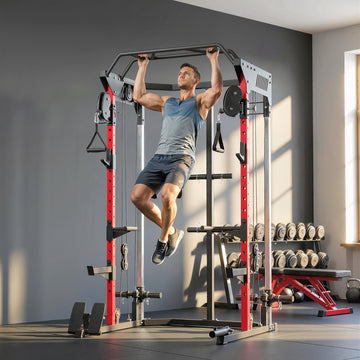 Soozier Power Cage, Power Rack with Adjustable Cable Pulley System, Pull-Up Bar, Dip Station, Landmine