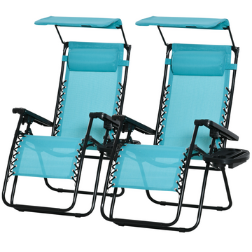 2 Piece Foldable Lounge Chair with Canopy Shade, Outdoor Zero Gravity Chair w/ Side Tray & Cup Holder, Reclining Lounger w/ Breathable Mesh Fabric Seat, Pillow, Sky Blue