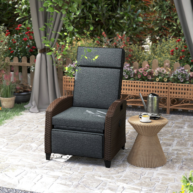 Wicker Recliner Chair with Adjustable Backrest and Footrest, Washable Cushion, Side Tray, Dark Grey