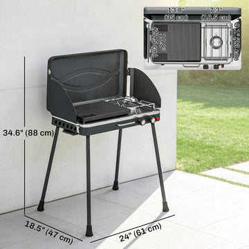 2-in-1 Camping Stove & Gas Griddle Combo, 20,000 BTU Portable Propane Grill with Detachable Legs, Wind Guards, Black