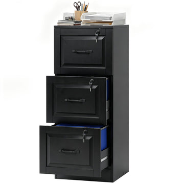 3 Drawer File Cabinet with Lock, Vertical Filing Cabinet with Adjustable Hanging Bars for A4 and Letter Size, Black