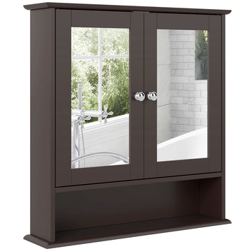 Medicine Cabinet, Wall-Mounted Bathroom Mirror Cabinet with Double Doors, Open Shelf, and Adjustable Shelf, Modern Bathroom Wall Cabinet, Dark Brown