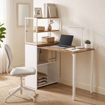 Folding Computer Desk with 4-Tier Bookshelf Space-Saving Home Office Desk, Natural